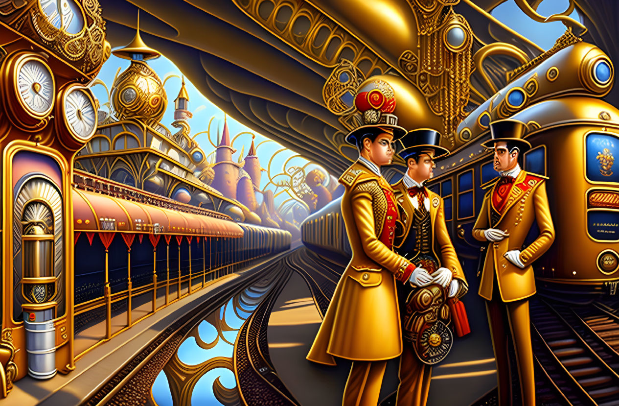 Three individuals in ornate uniforms at futuristic steampunk train station