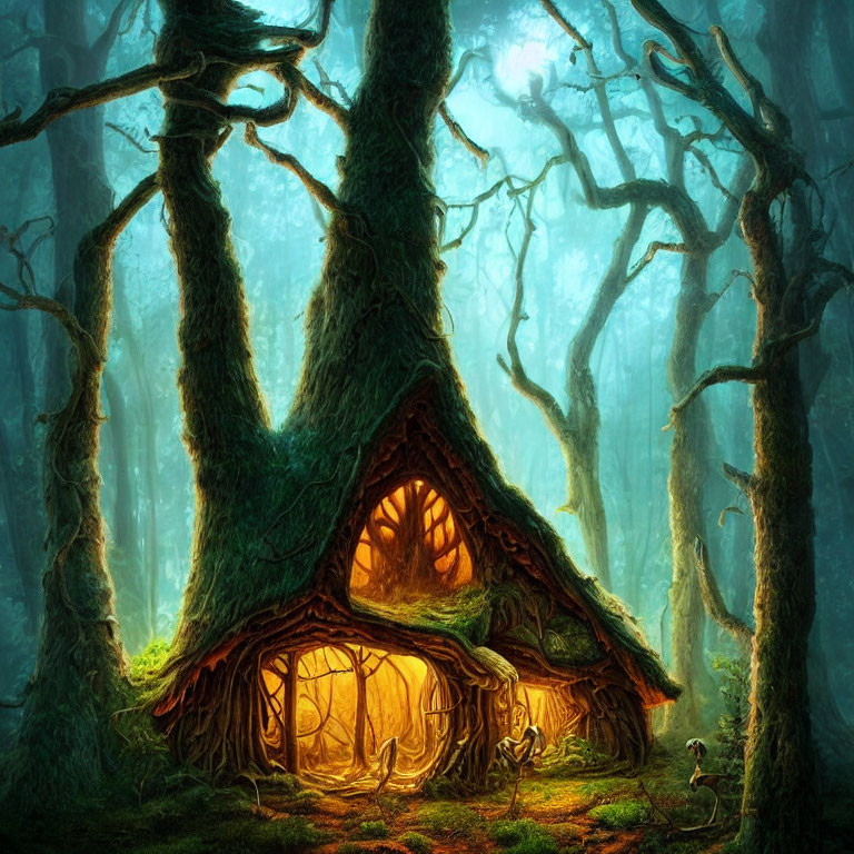 Enchanted forest cottage glowing in blue light