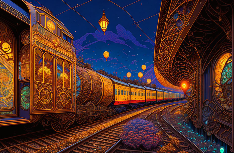 Colorful illustration of ornate old-fashioned train at night with glowing orbs in sky.