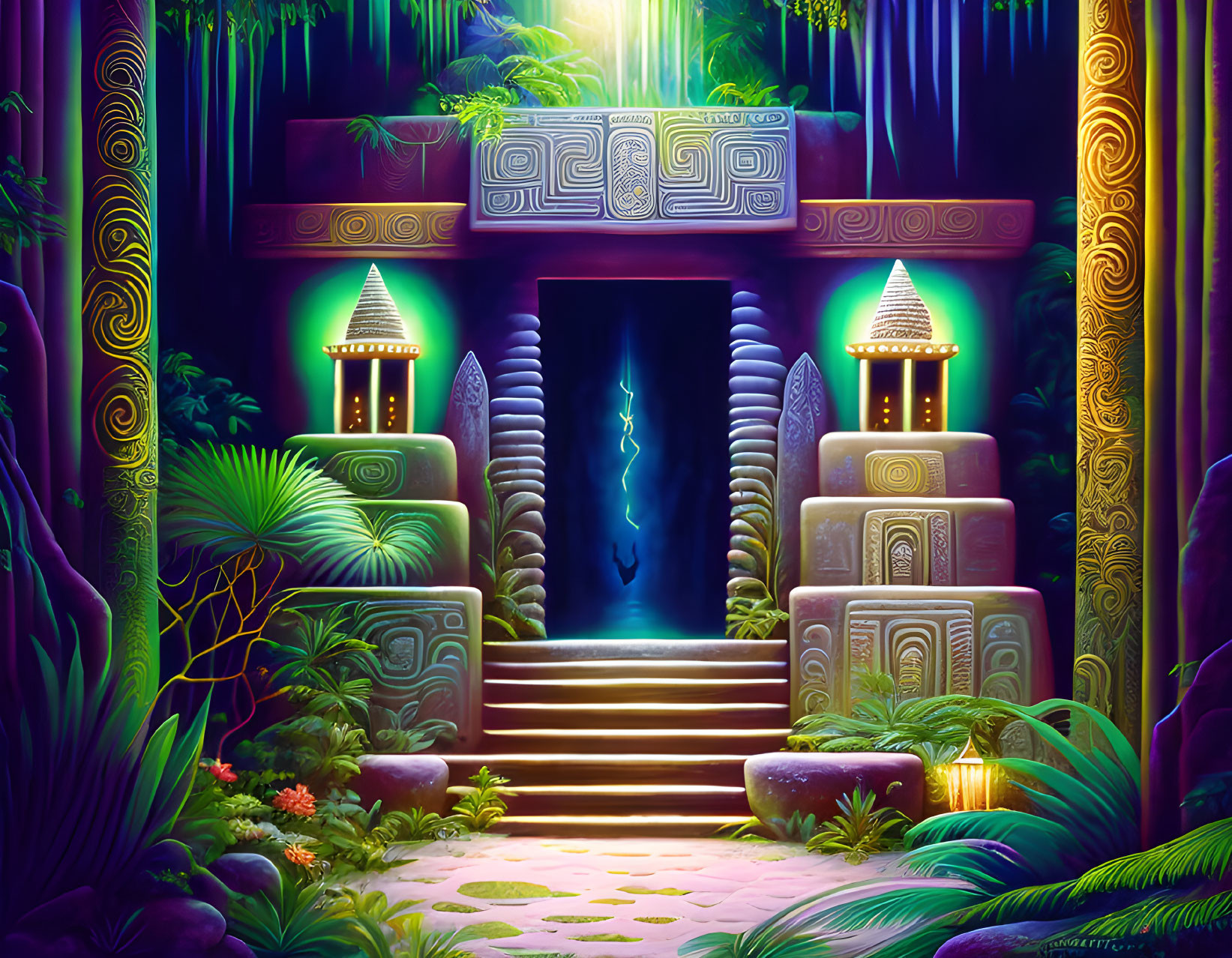 Mystical temple entrance in lush jungle with glowing runes and blue light