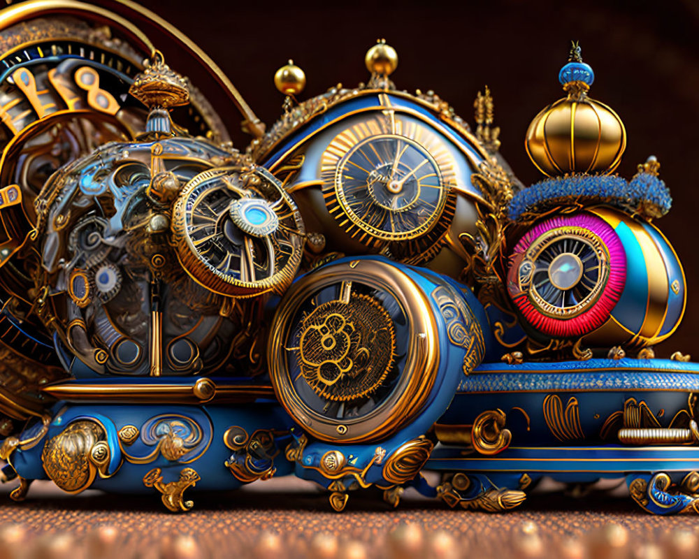 Detailed Steampunk Clocks and Gears in Gold and Blue