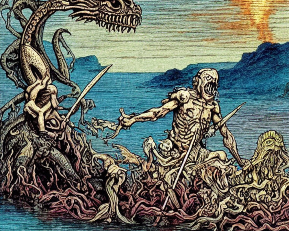 Skeleton Warrior vs. Monstrous Dragon in Sunset Seascape