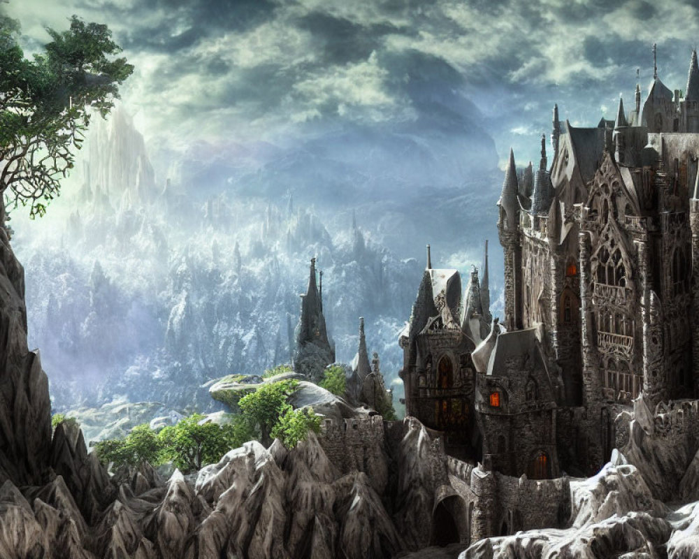 Gothic-style castle on rugged cliffs with forested mountains.