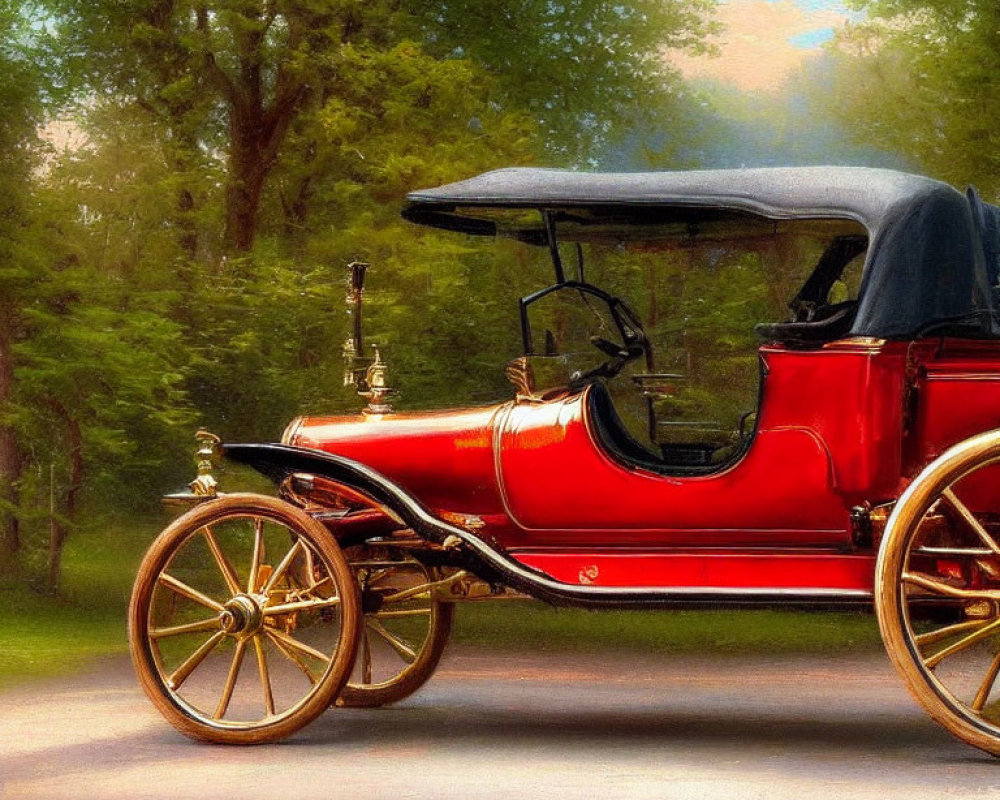 Vintage Red Automobile with Brass Fittings and Spoked Wheels on Tree-Lined Road