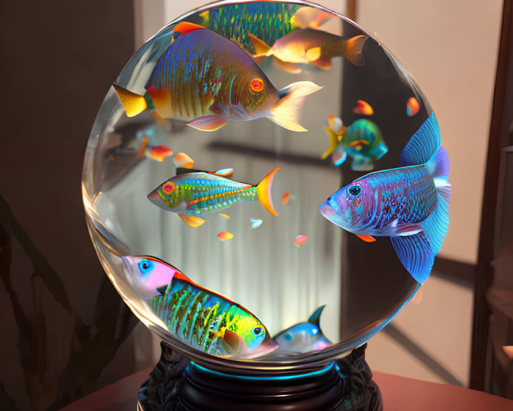 Colorful Tropical Fish in Round Aquarium on Wooden Stand