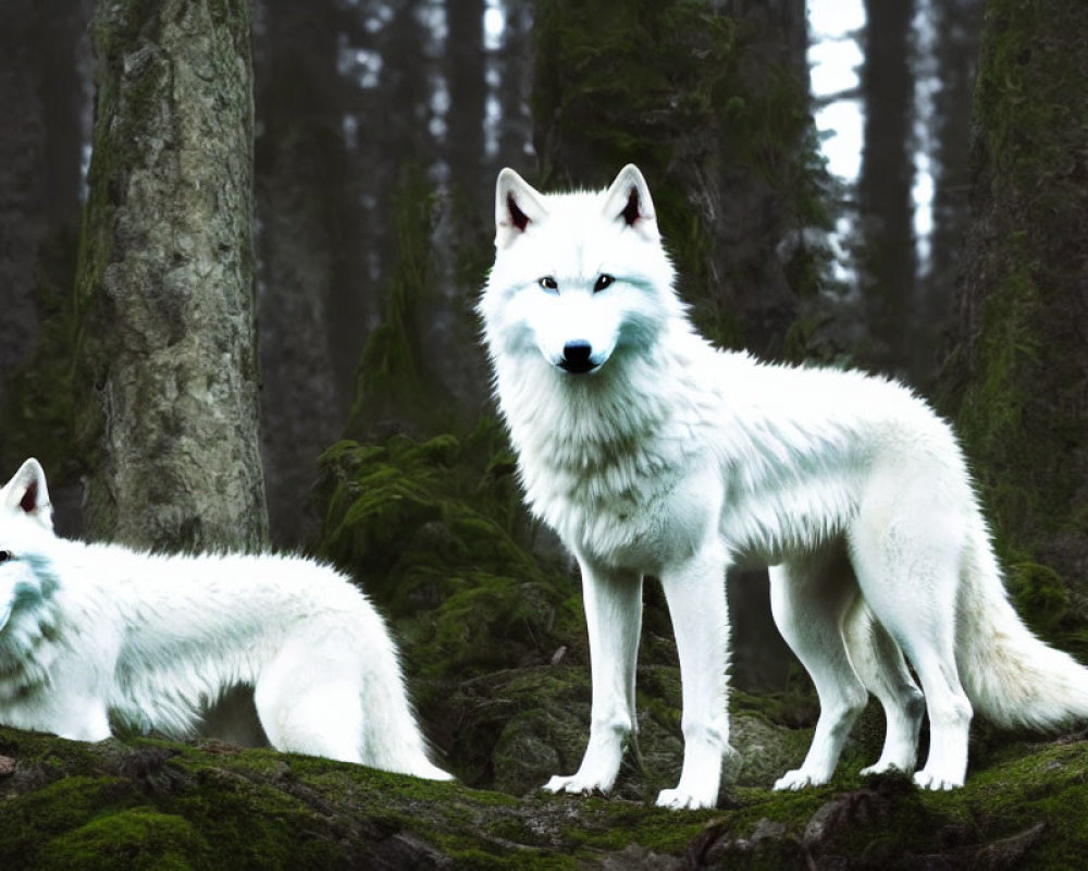 Four White Wolves with Piercing Blue Eyes in Misty Forest