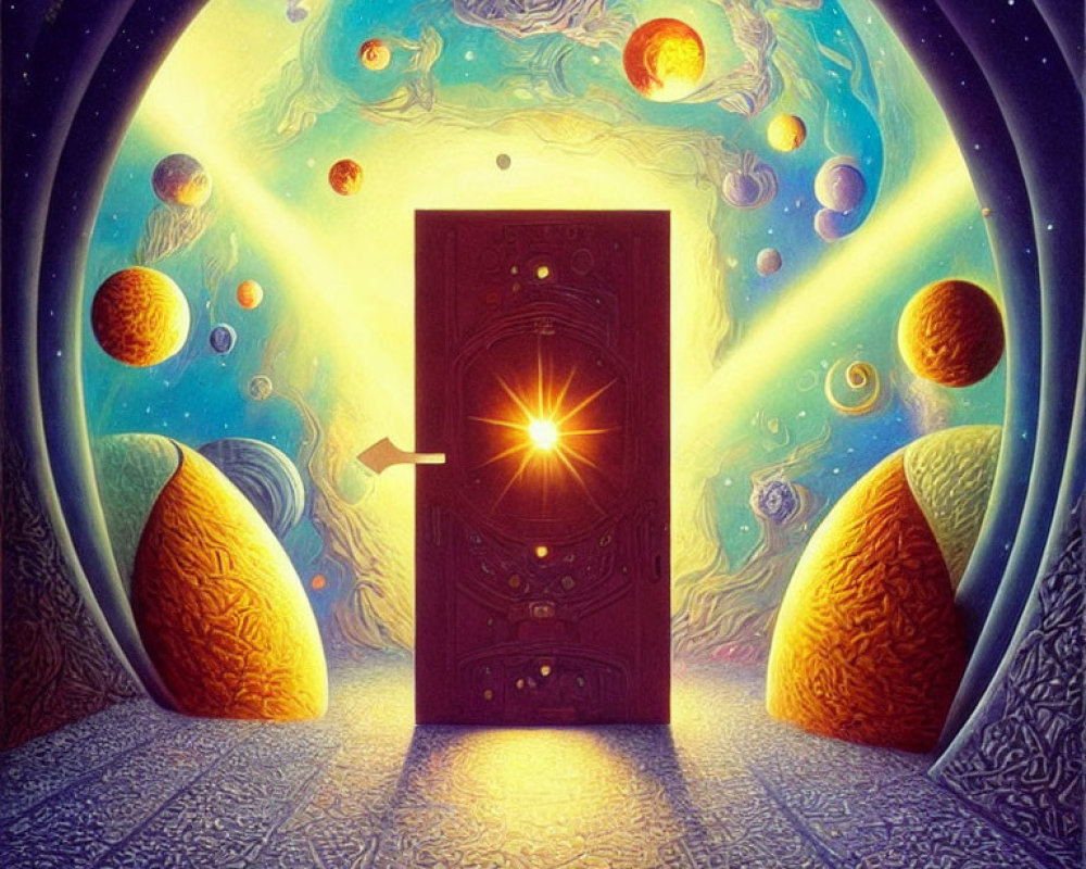 Fantastical artwork: Glowing door, celestial bodies, sculptures, cosmic gateway