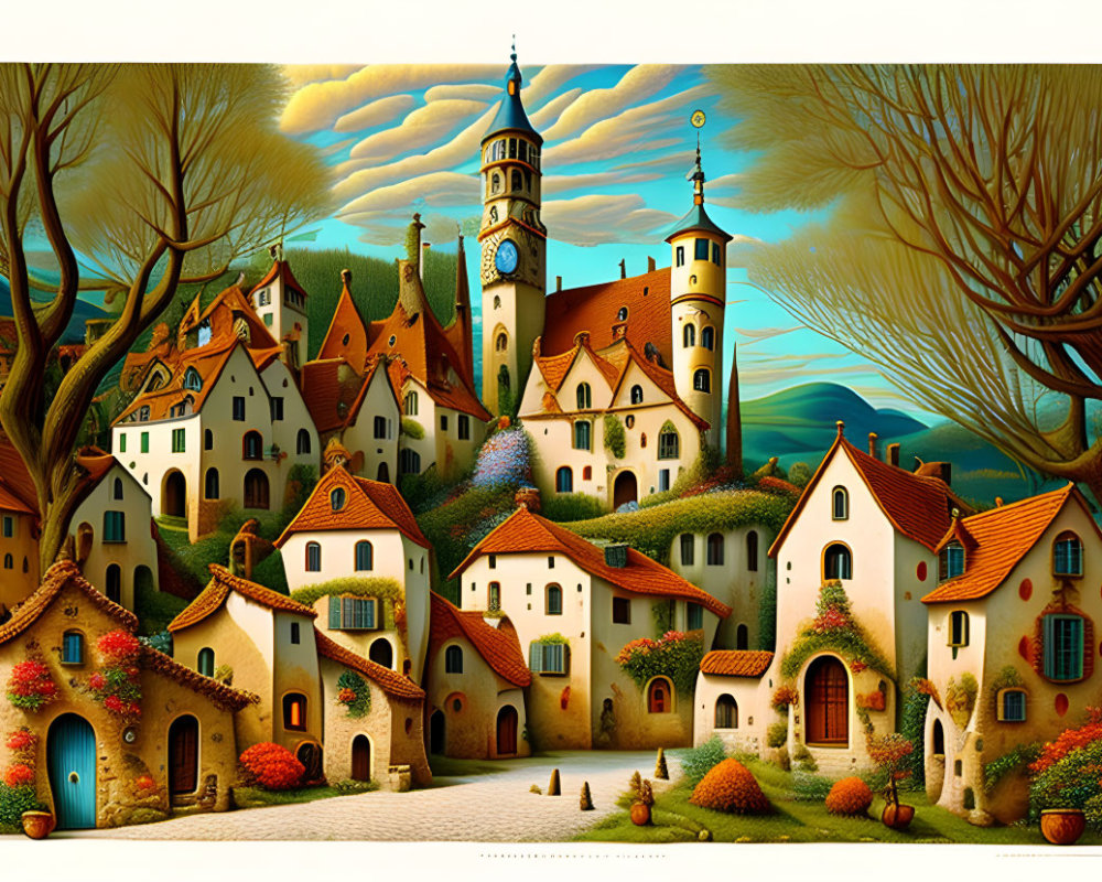 Colorful village painting with clock tower and swirling sky