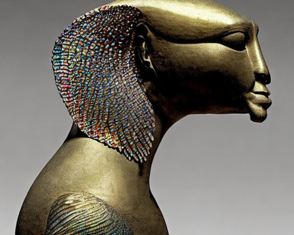 Stylized bust sculpture with mosaic headdress on neutral background