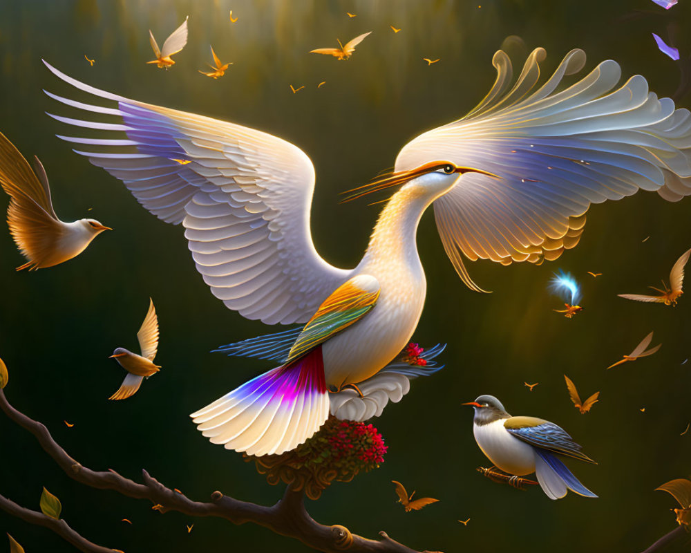 White bird with colorful tail flying among smaller birds in golden-lit forest