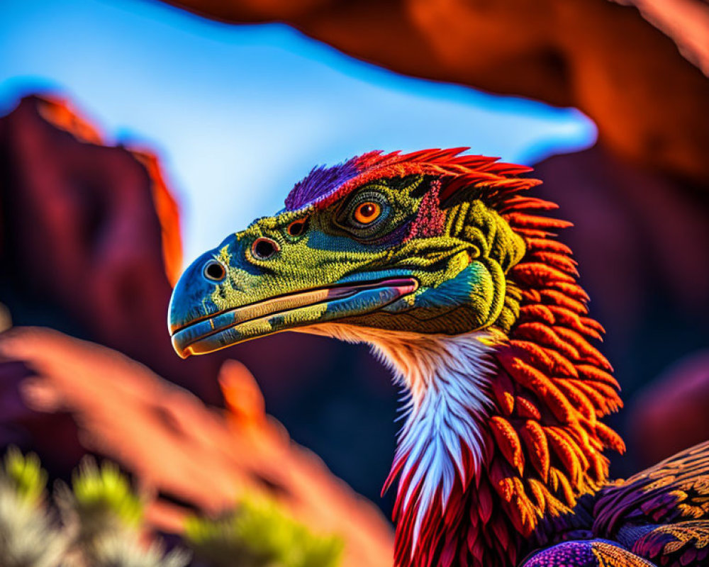 Detailed Dinosaur Puppet with Feather-Like Textures in Desert Scene