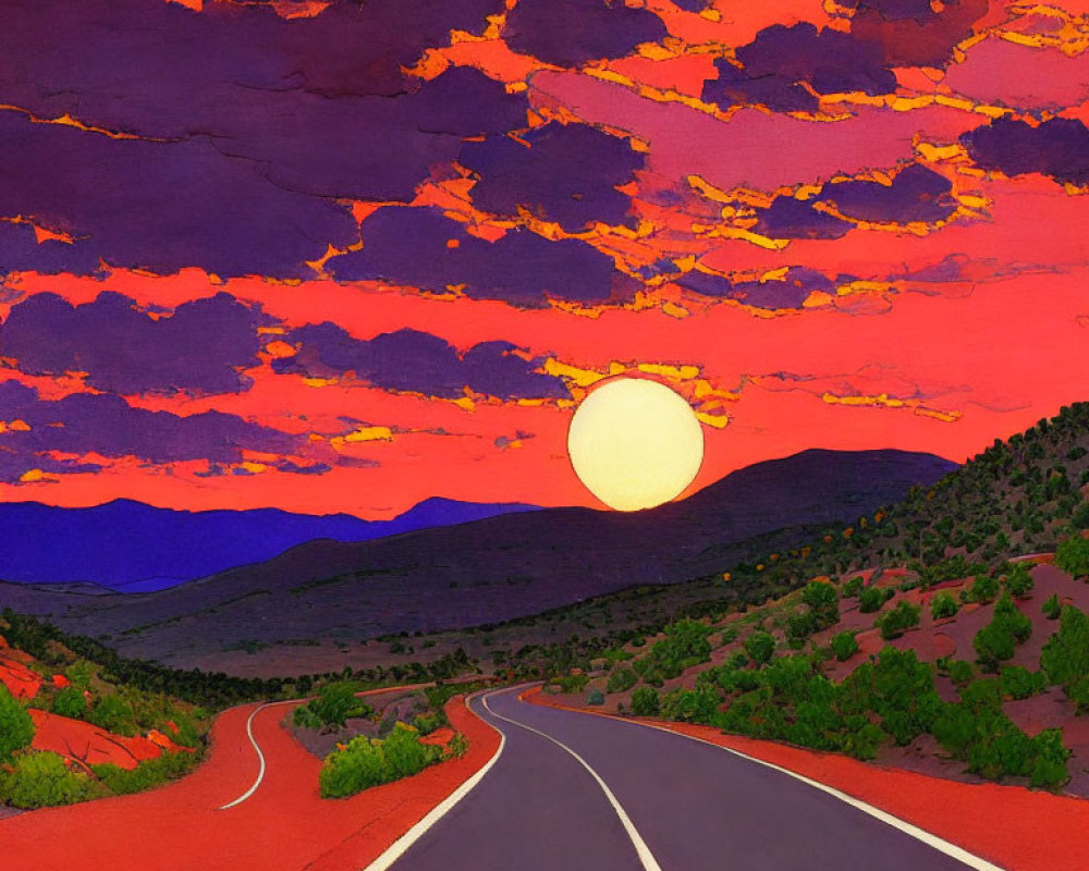 Colorful sunset illustration with yellow sun, purple and orange clouds, and winding road in hilly landscape