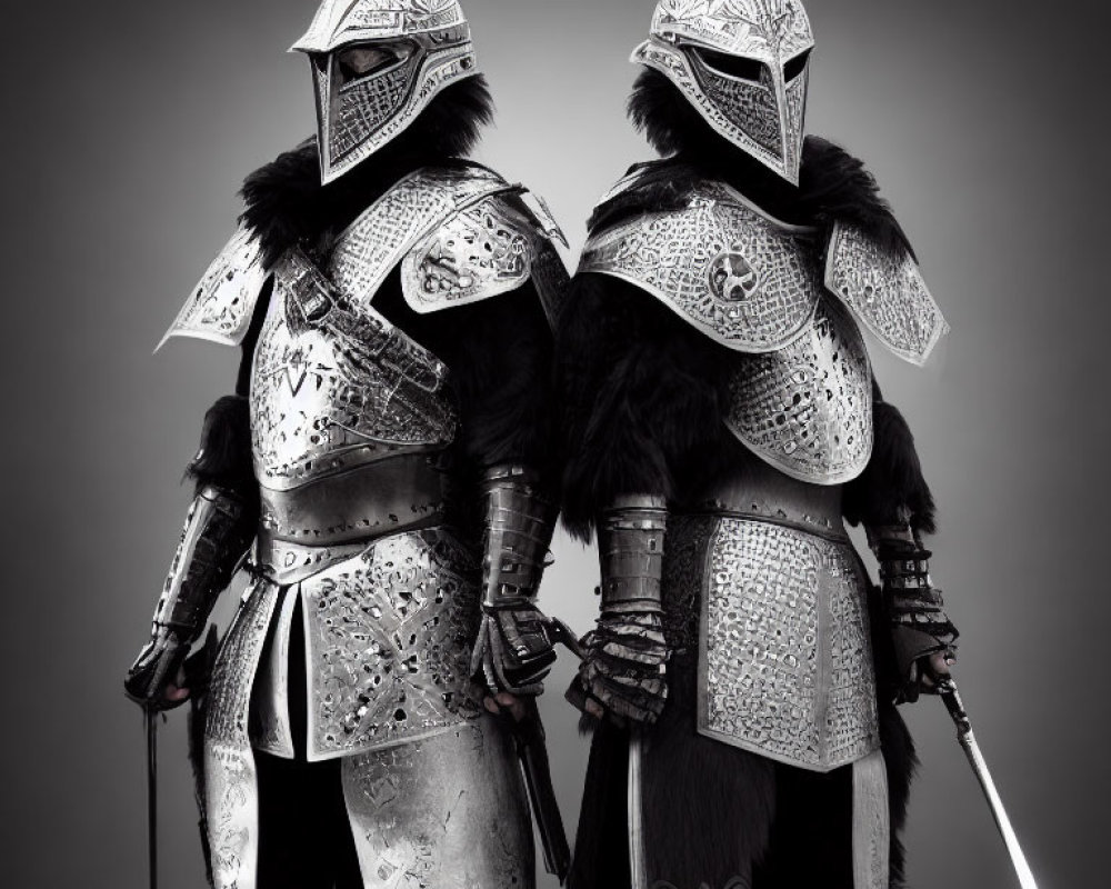 Two knights in ornate armor with fur cloaks and swords on grey background