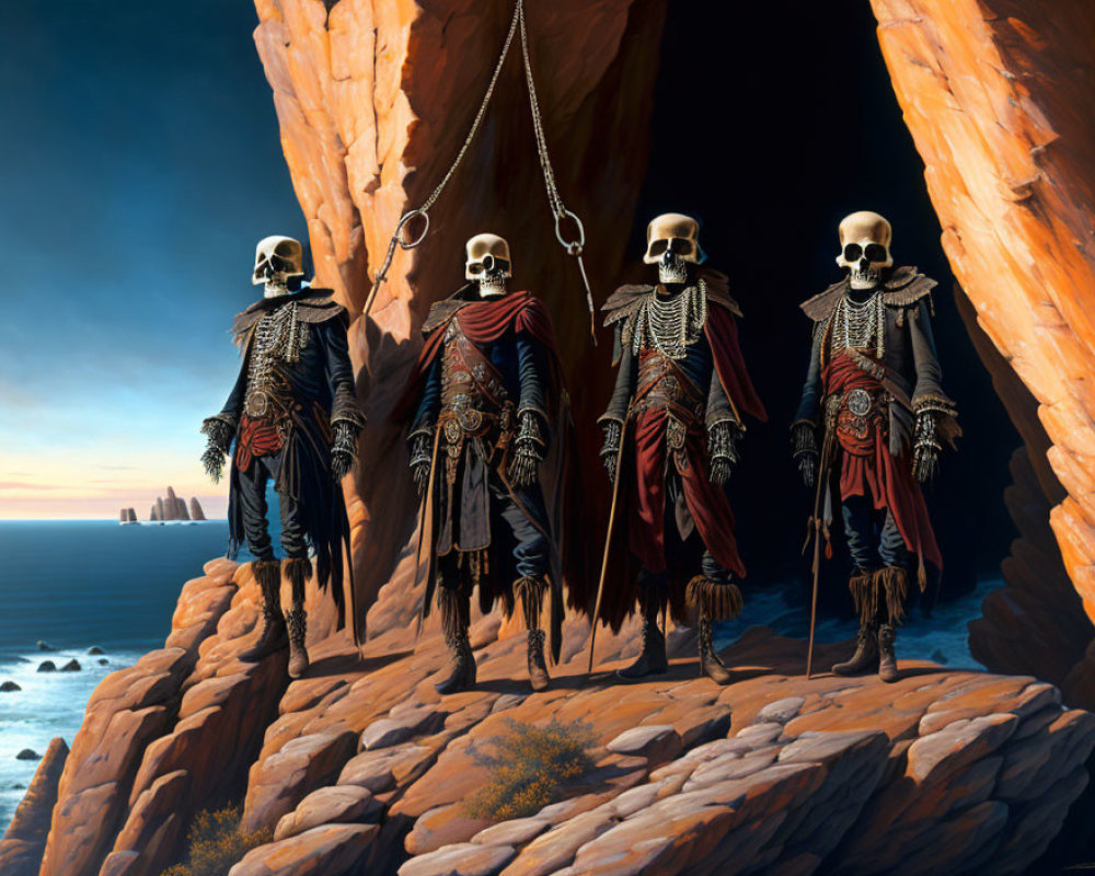 Skeletal pirate figures on cliff with ocean view and ships