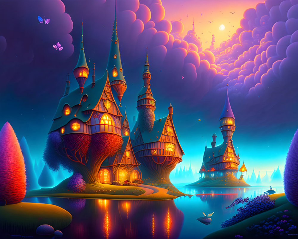 Fantasy landscape with whimsical castles, luminous flora, and hot air balloons at sunset