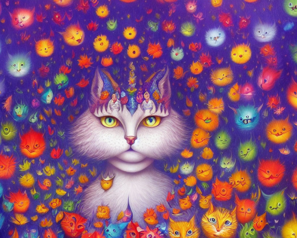 Colorful Large Cat Face Illustration Surrounded by Smaller Cats and Flowers on Purple Background