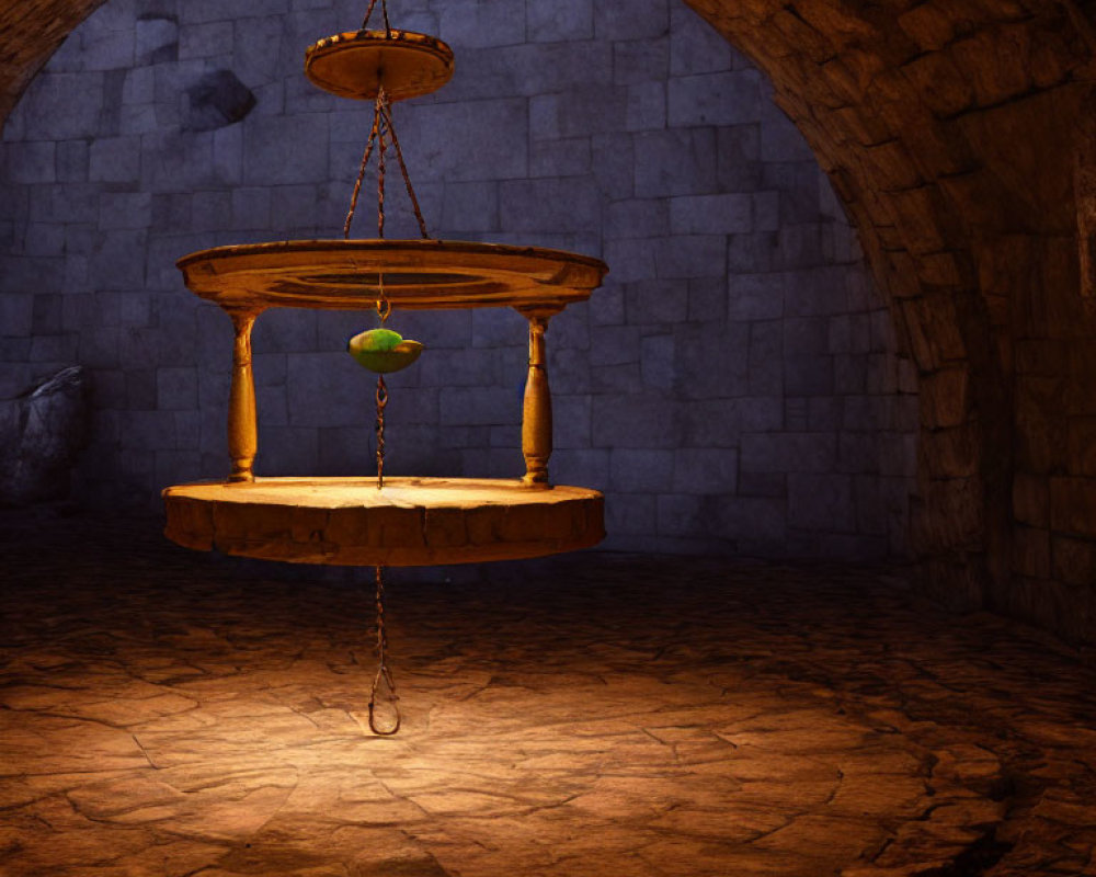 Wooden chandelier with green gem in dimly lit stone dungeon