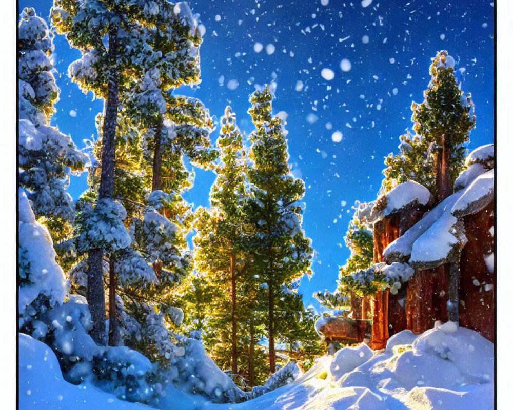 Snow-covered trees, clear sky, cozy cabin in winter scene