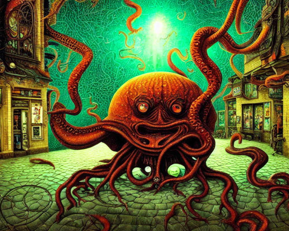 Colorful illustration: Giant orange octopus in vibrant street scene with clocks & surreal elements