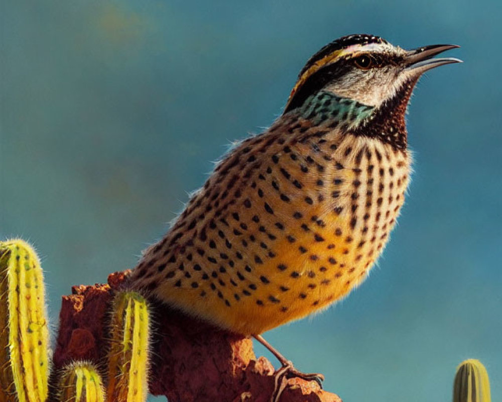 Desert scene: cactus wren on branch with cacti and blue sky