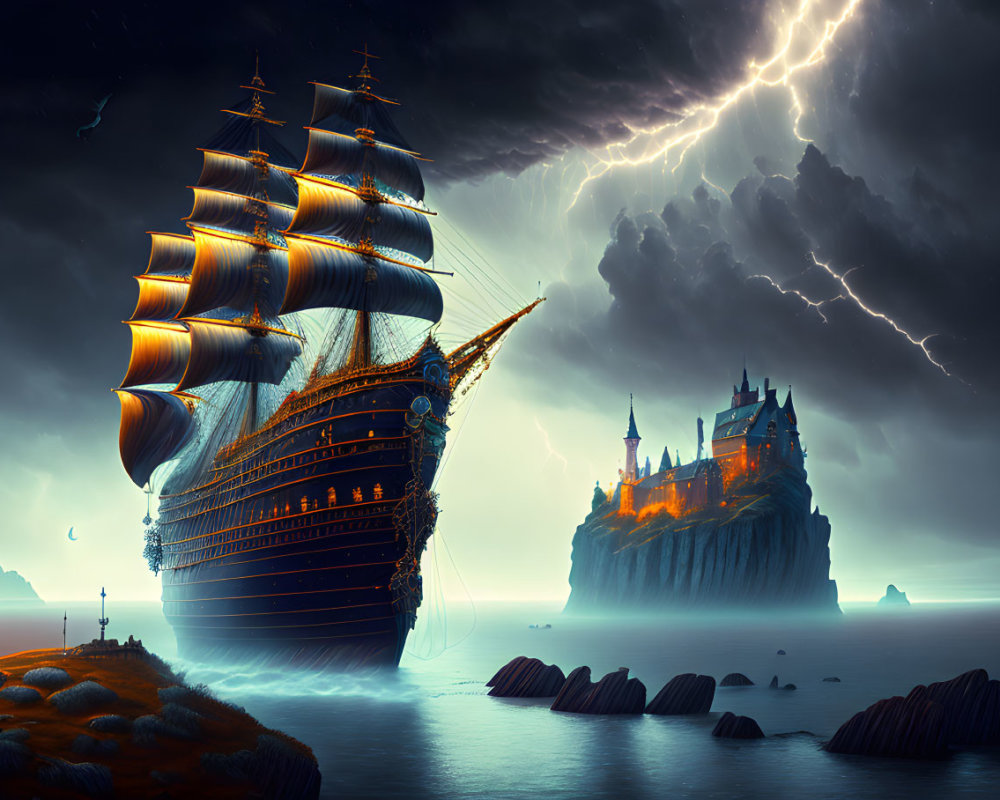 Majestic tall ship near rocky coast with castle under stormy sky