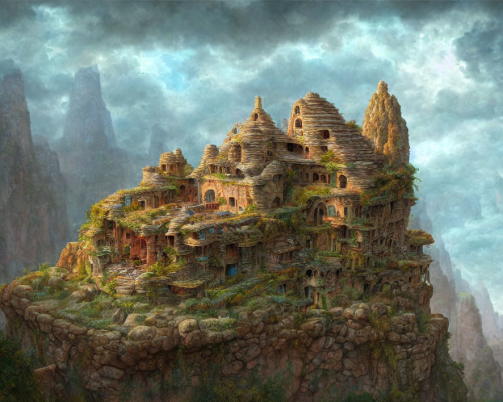 Terraced Stone Village with Cliff-Top Domed Structures