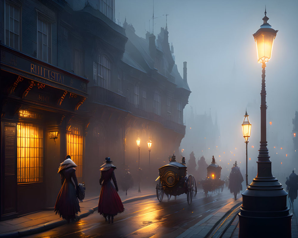 Victorian-era street scene at dusk with fog, gas lamps, figures in period attire, horse-d