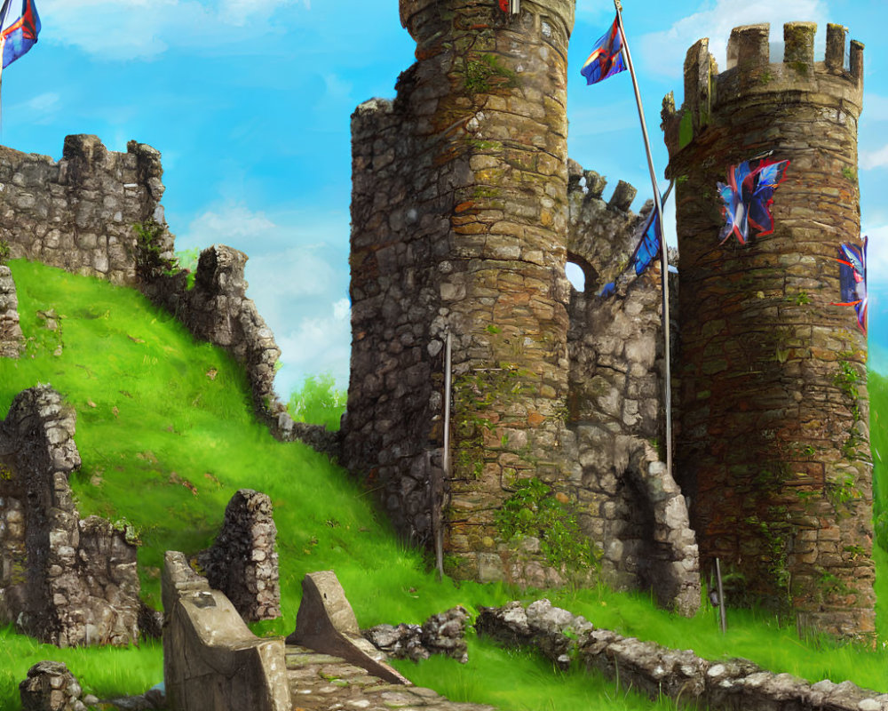 Digital painting of ancient stone castle with blue and red flags in lush green setting