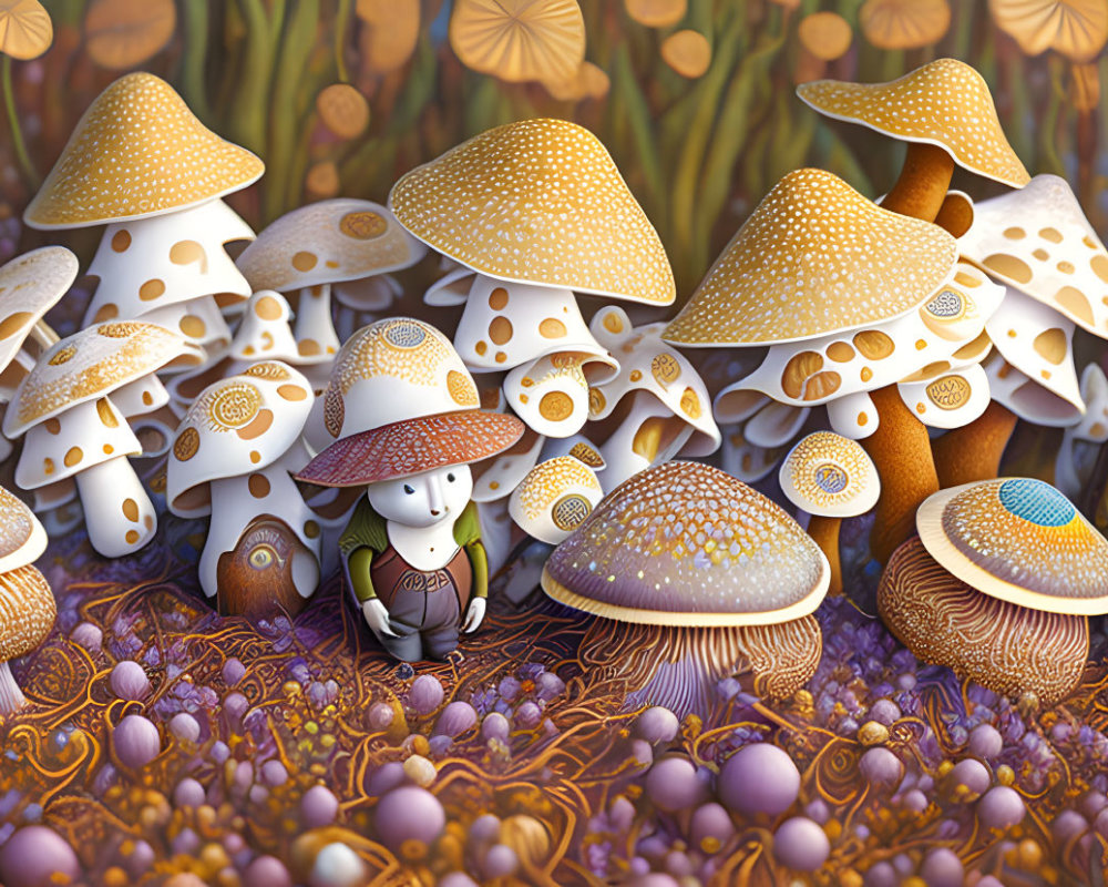 Colorful Fantasy Forest Illustration with Tiny Character and Oversized Mushrooms