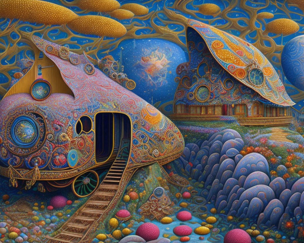 Colorful Surrealist Landscape with Train-like Object and Golden Fish Airships