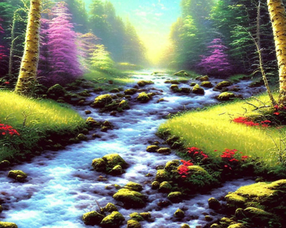 Lush forest stream with vibrant purple and green foliage