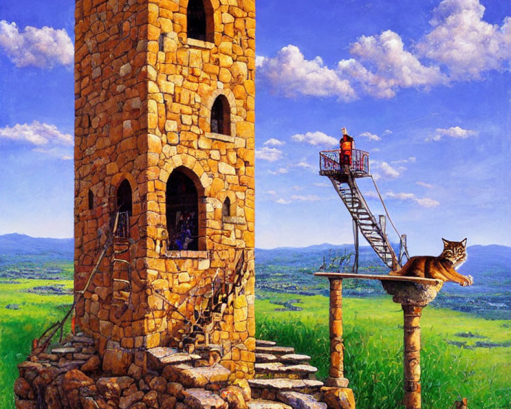 Whimsical painting of stone tower, cat, spiral staircase, and reading nook