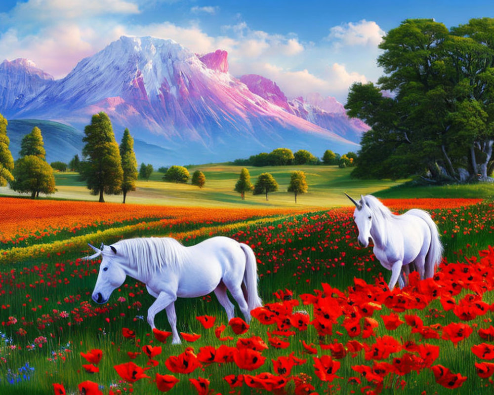 White Horses in Vibrant Red Poppy Field with Mountain and Trees