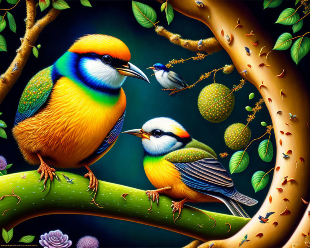 Colorful Birds Perched on Intricate Tree Branches with Exotic Fruit