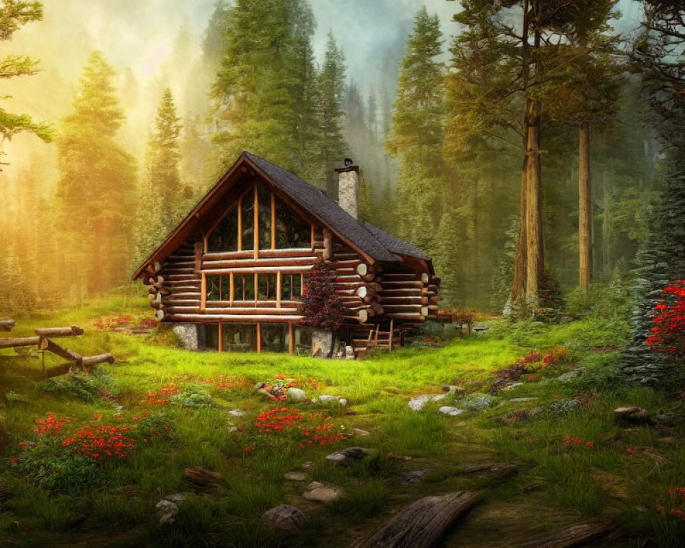 Rustic log cabin in forest clearing with red flowers, sun beams, and cozy chimney smoke.