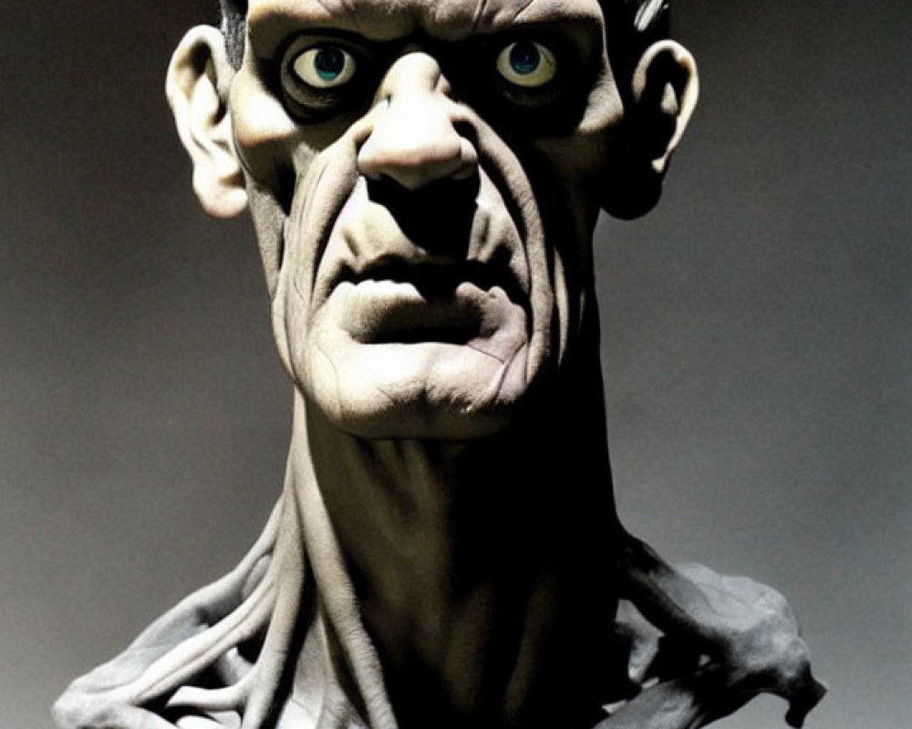 Detailed bust of Frankenstein's monster with prominent stitches and sunken eyes