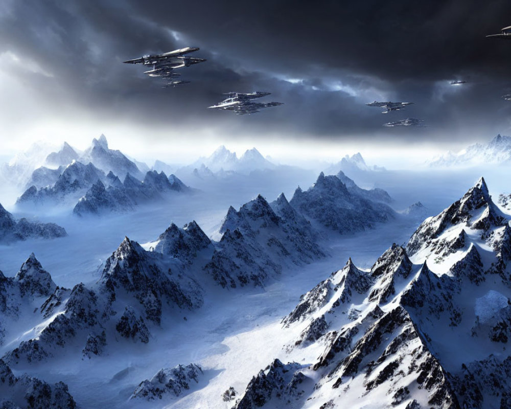 Snowy Mountain Landscape with Futuristic Flying Vehicles