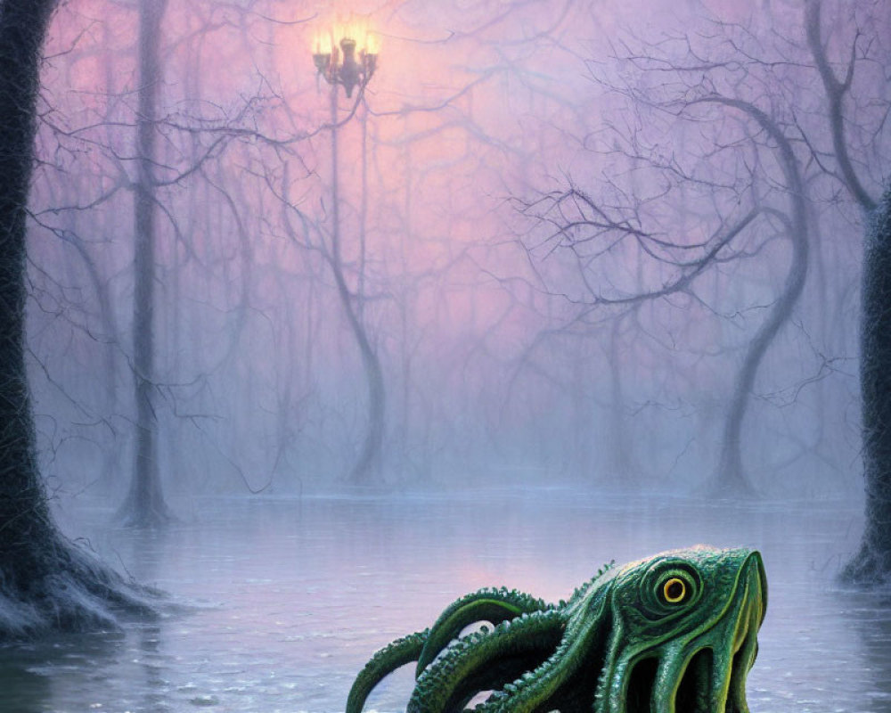 Foggy swamp scene with bare trees, glowing lamp post, and mysterious green tentacled creature