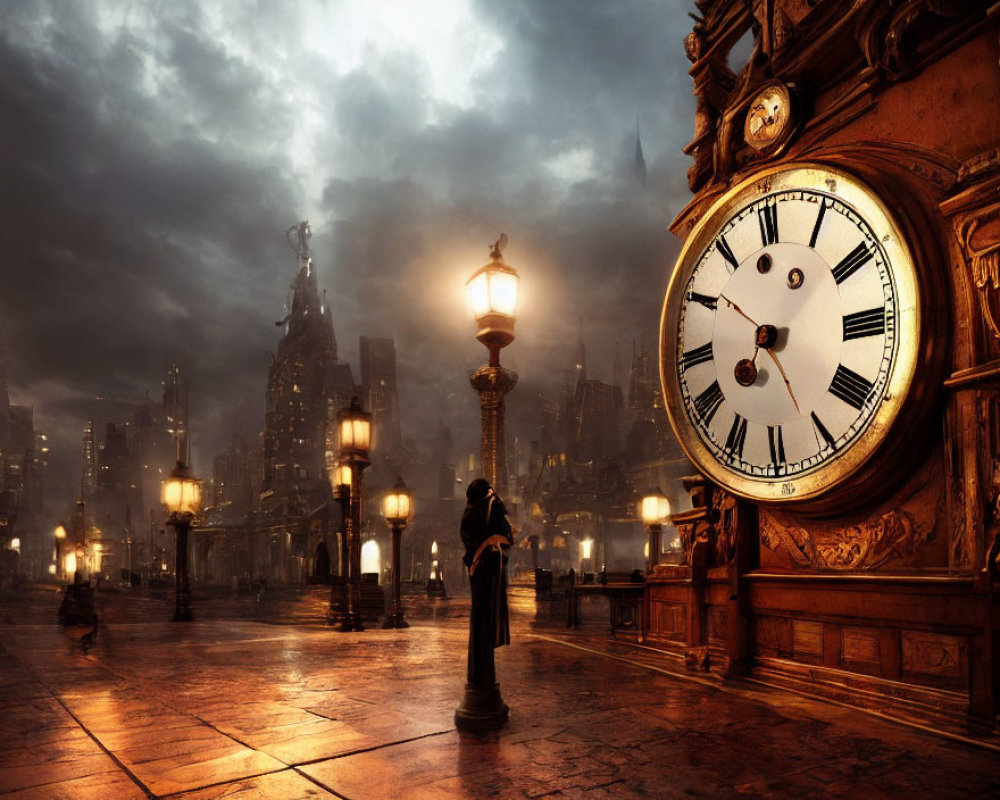 Solitary figure near street lamp in misty gothic cityscape with ornate clock