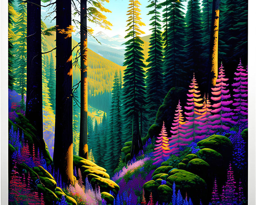 Colorful forest and mountain digital artwork with surreal purple, blue, and orange hues