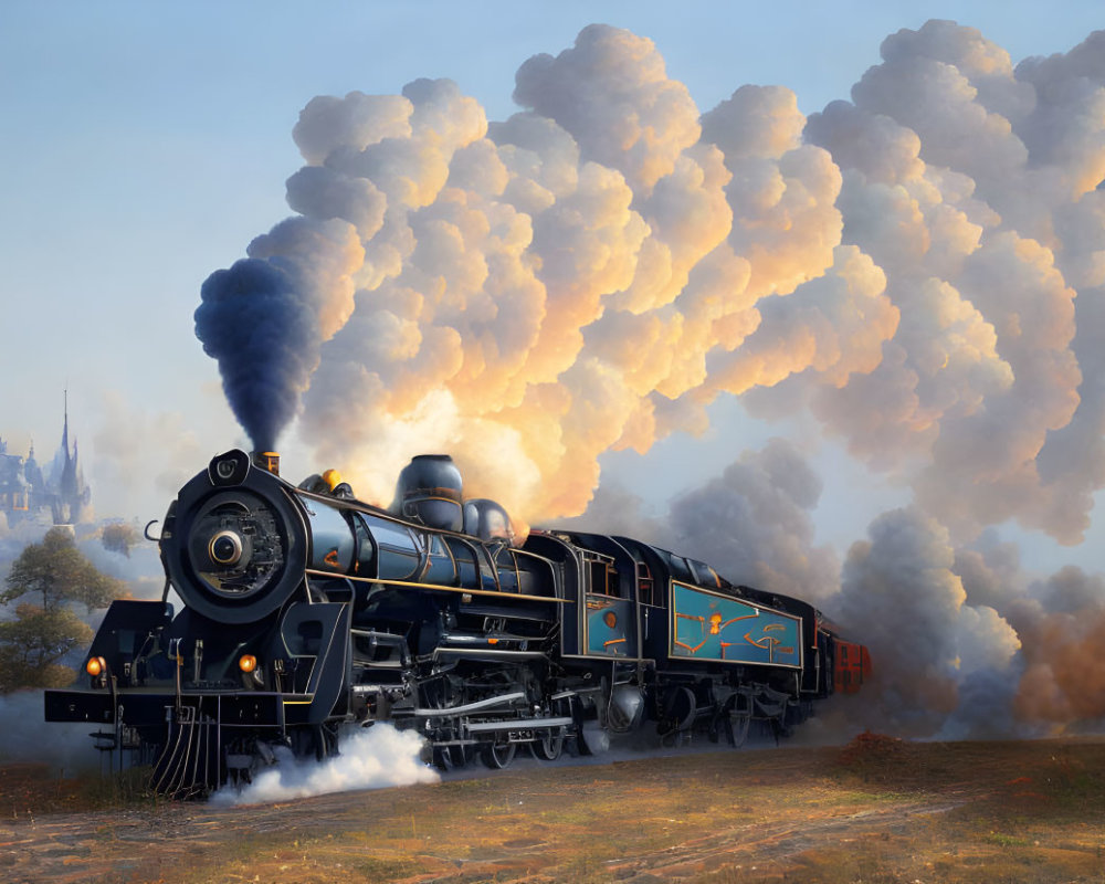 Vintage steam locomotive on tracks with billowing smoke near castle under cloudy sky