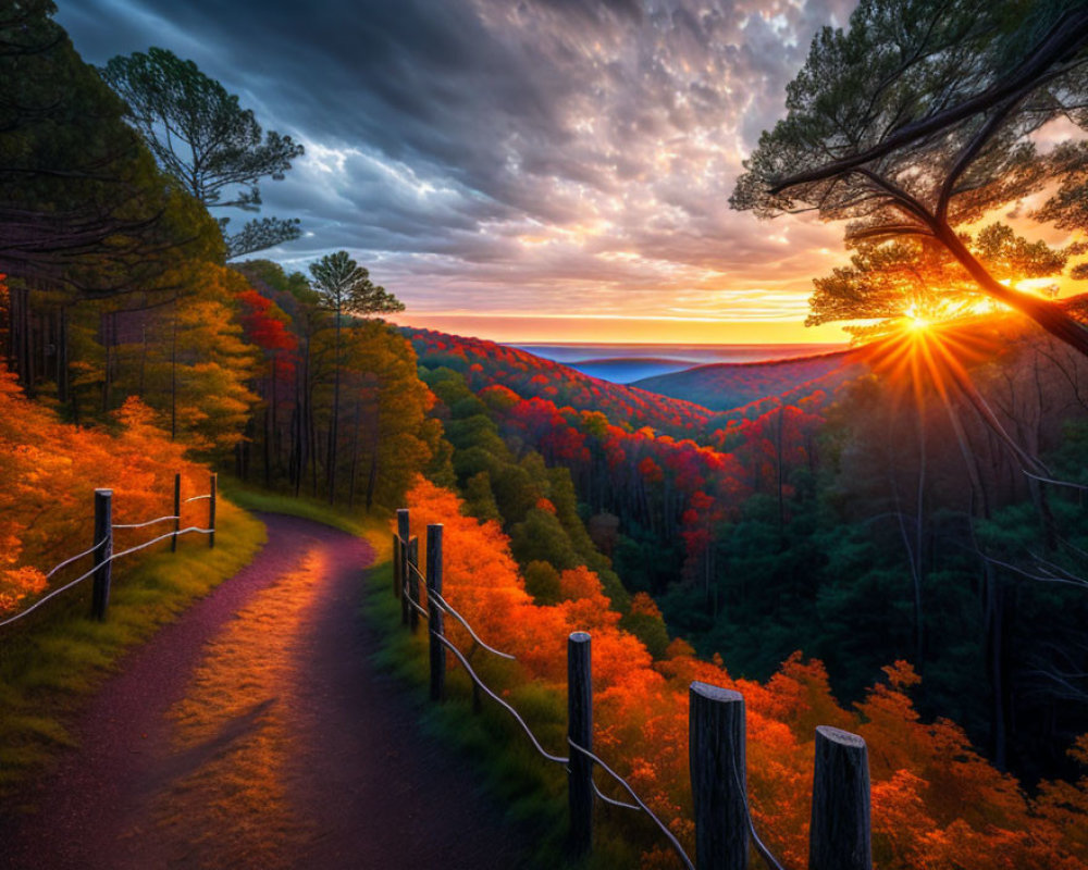 Scenic autumn forest path at sunset with vibrant foliage