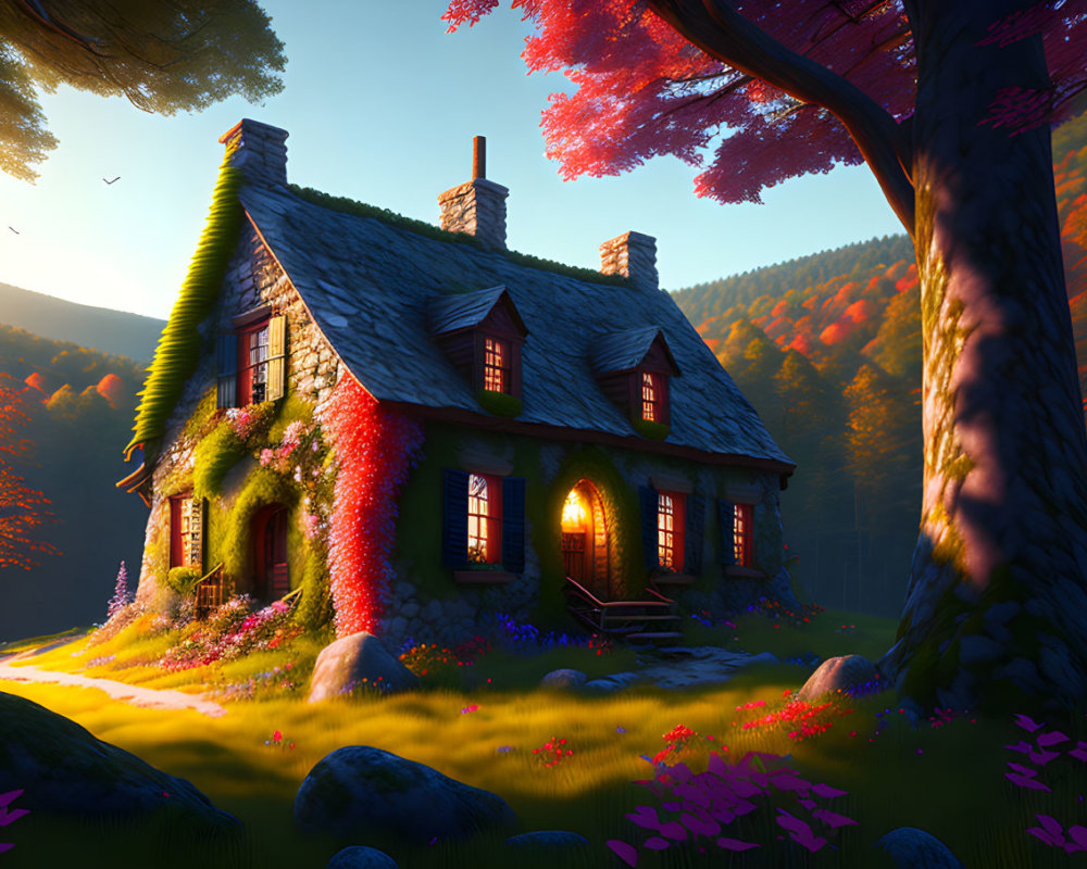 Autumnal trees embrace cozy cottage with ivy and warm glow.