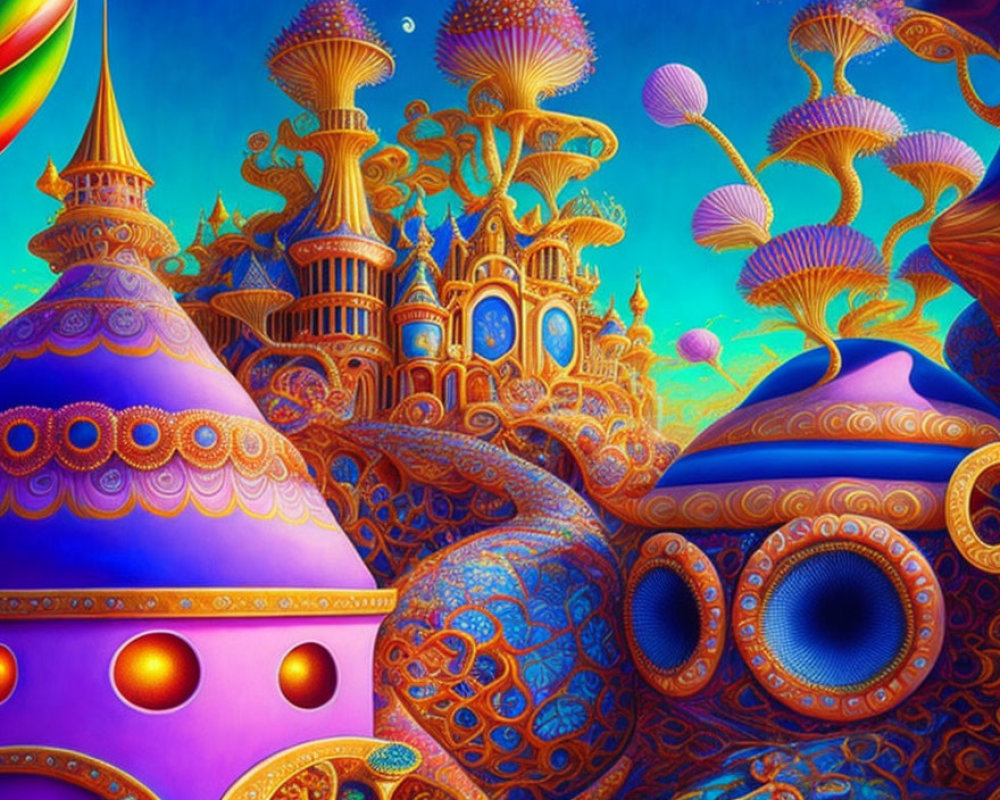 Colorful fantasy landscape with whimsical architecture and mushroom-like structures.