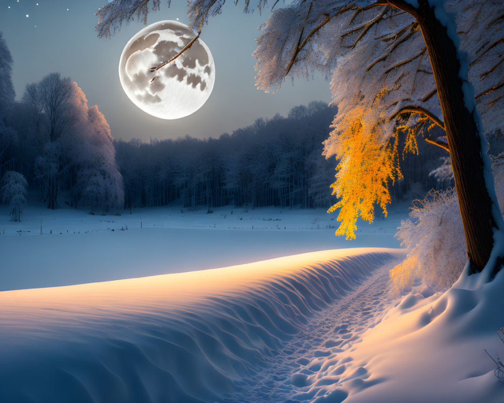 Snowy Landscape with Full Moon and Lone Tree in Golden Leaves