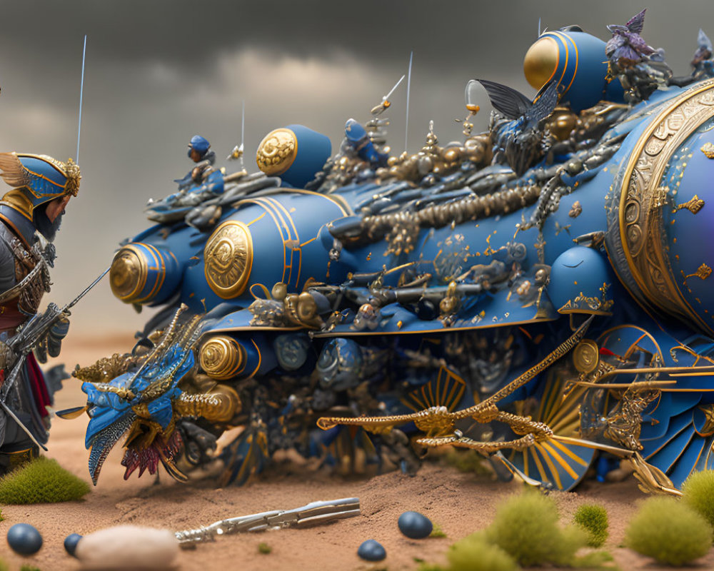 Armored warrior and ornate chariot in mythical landscape