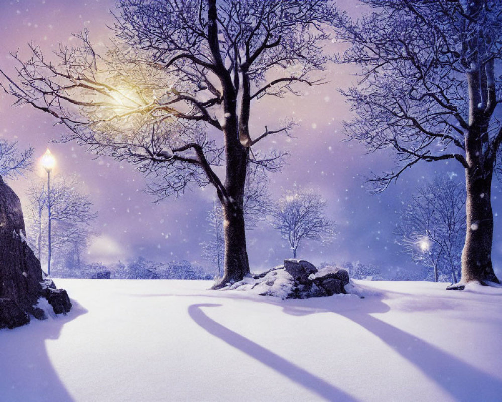 Snow-covered park at night: illuminated lamp posts, bare trees, falling snowflakes under glowing sky