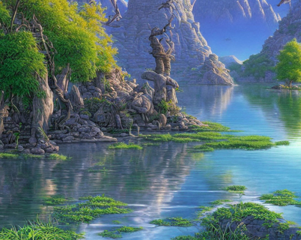 Tranquil lake in lush landscape with cliffs and trees