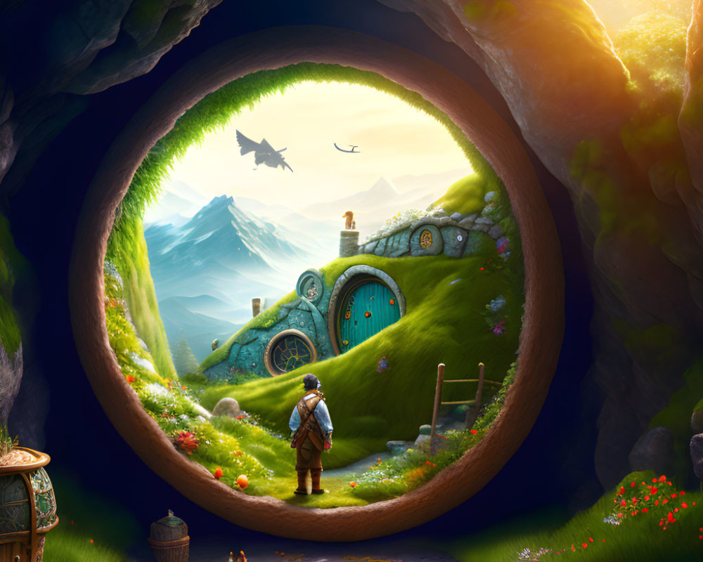 Child at entrance of whimsical cave gazes at fantastical landscape with embedded house, mountains, flying