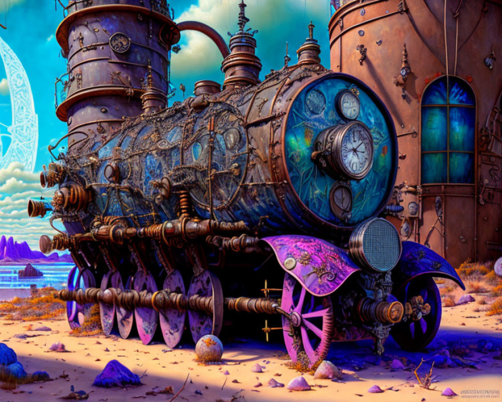 Intricate steampunk-style train in desert landscape with alien-like flora